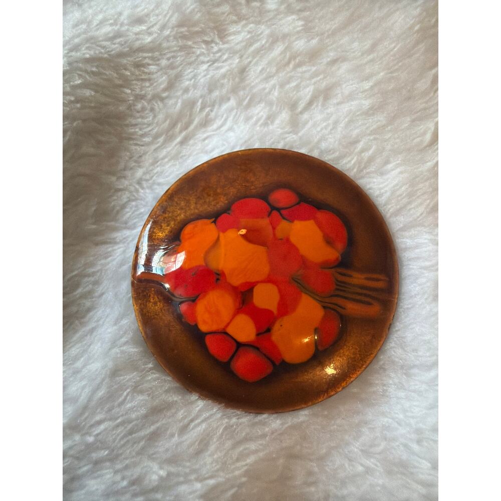 Vintage Orange Floral Lucite Resin Brooch Pin Round Mid Century Retro 1.5" MCM